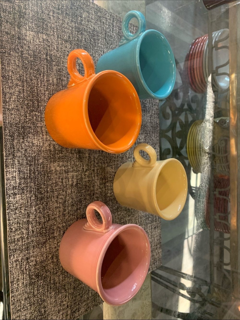 Fiesta Ring Handle Mug Set of 4 Tangerine Flamingo Yellow Turquoise USA